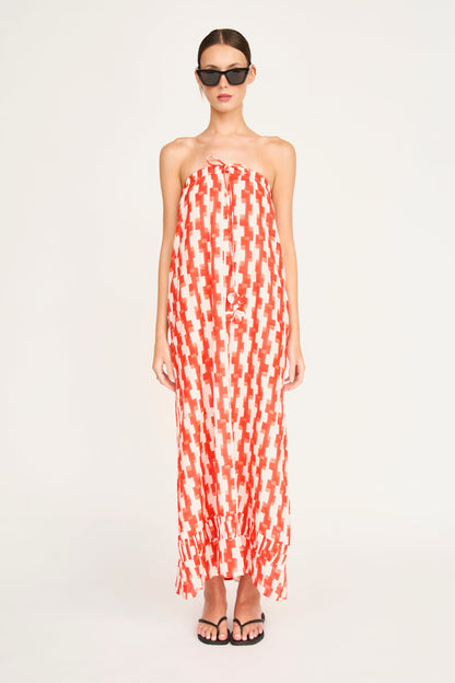 Red cotton maxi dress on a hanger in store