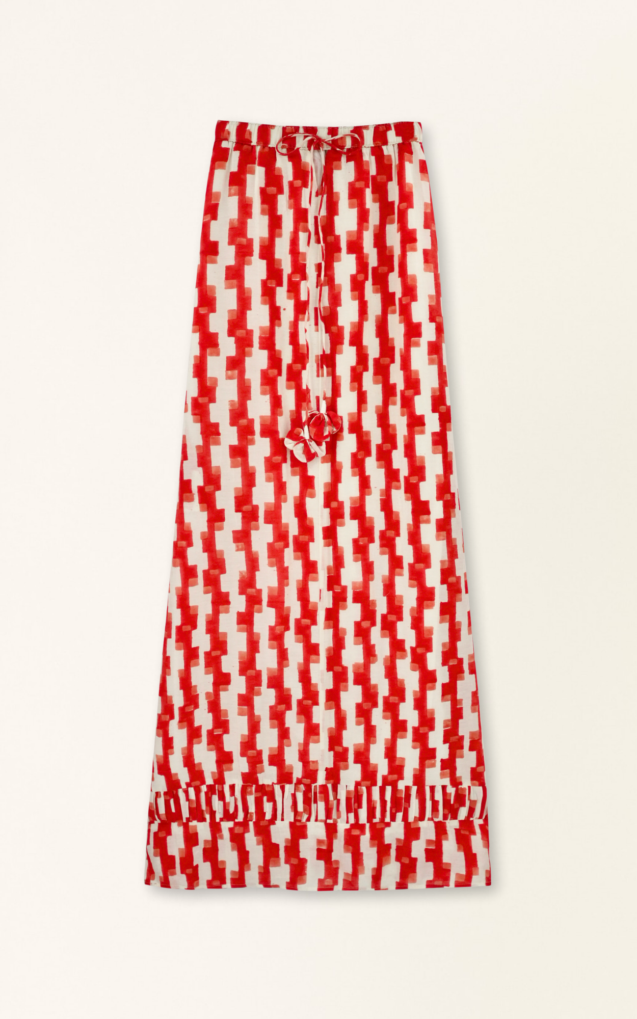 Red cotton maxi dress on a hanger in store