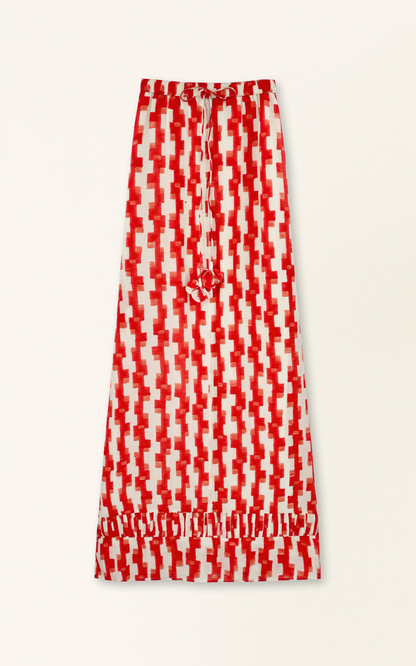 Red cotton maxi dress on a hanger in store
