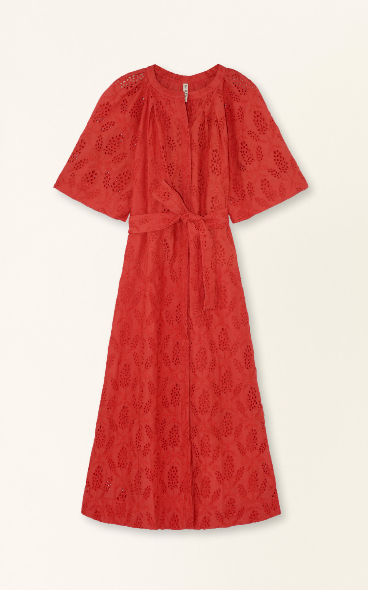 Red eyelet maxi dress on a hanger in store