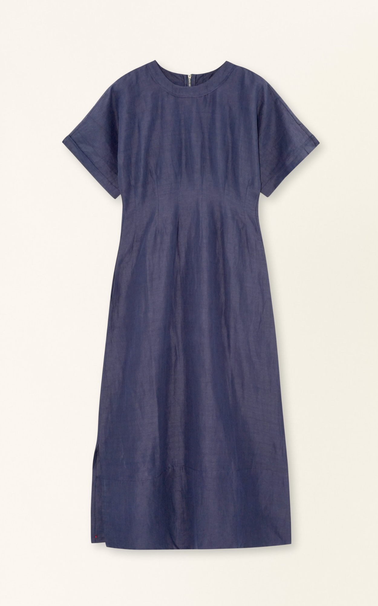 Blue linen maxi dress on a hanger in store