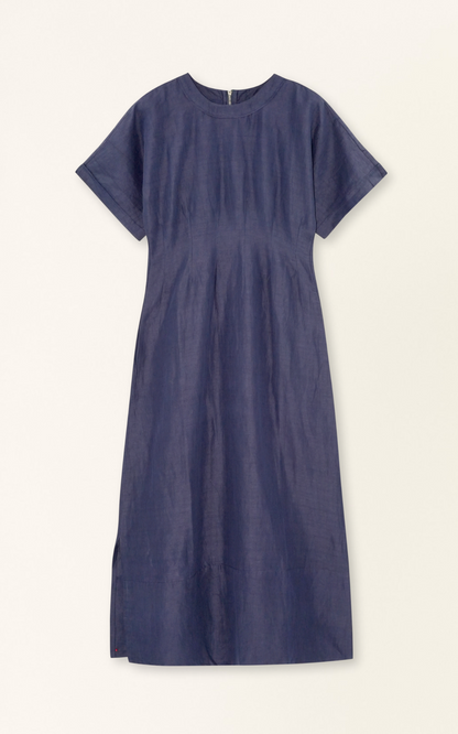 Blue linen maxi dress on a hanger in store