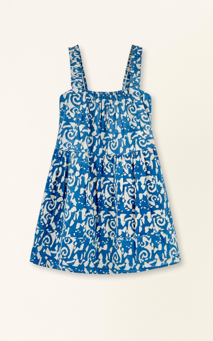 Indigo cotton short dress on a hanger in store