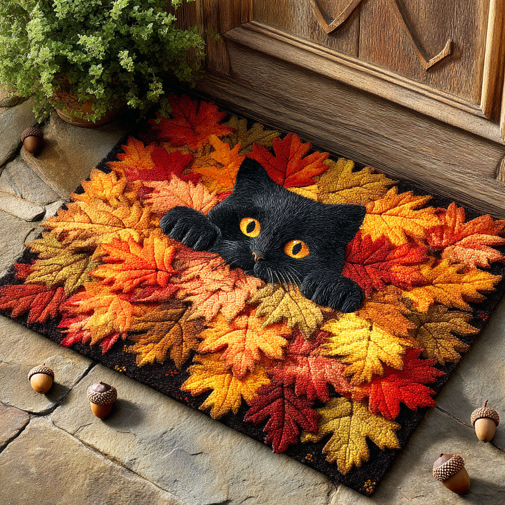 Black Cat Amber Leaf Shadow Doormat Cute Halloween Decorations Cat Lover Gifts