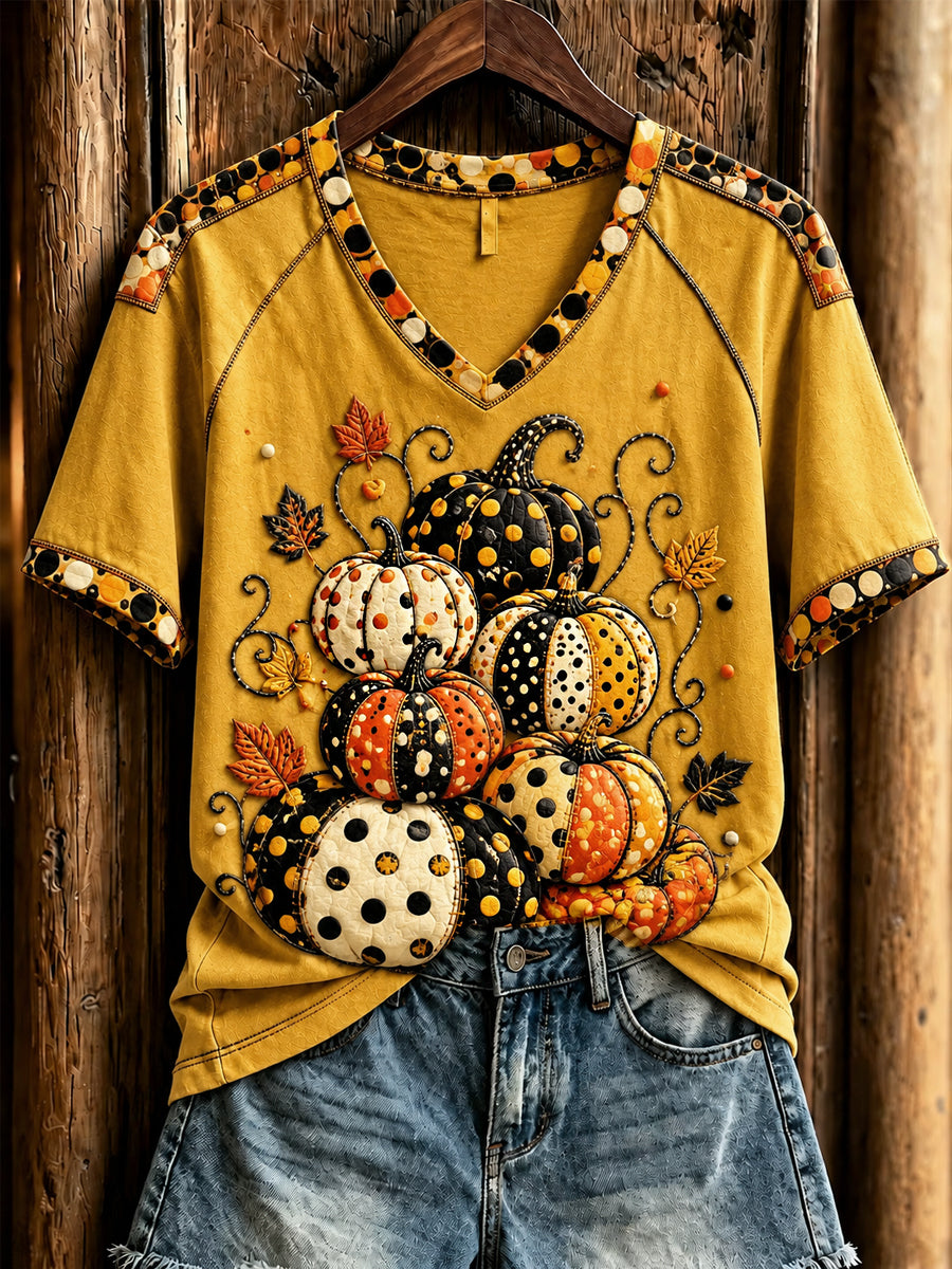 Halloween Pumpkin V-Neck Shirt Autumn Thanksgiving Clothes Gift For Mom
