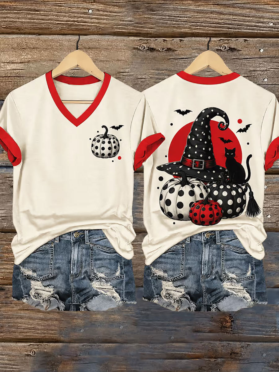 Cute Halloween Cat Witch Hat V-Neck Shirt Spooky Season Clothes Thanksgiving Gift