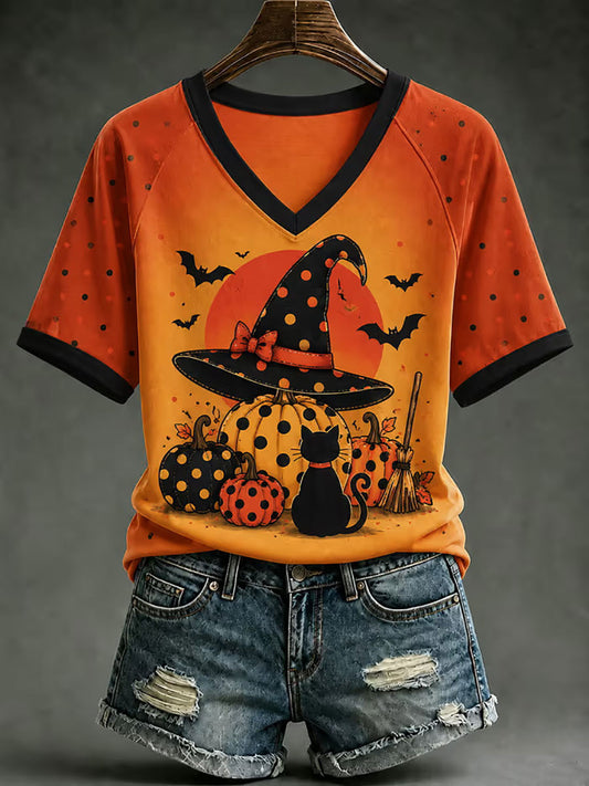 Halloween Witch Hat V-Neck Spooky Season Apparel Thanksgiving Gifts
