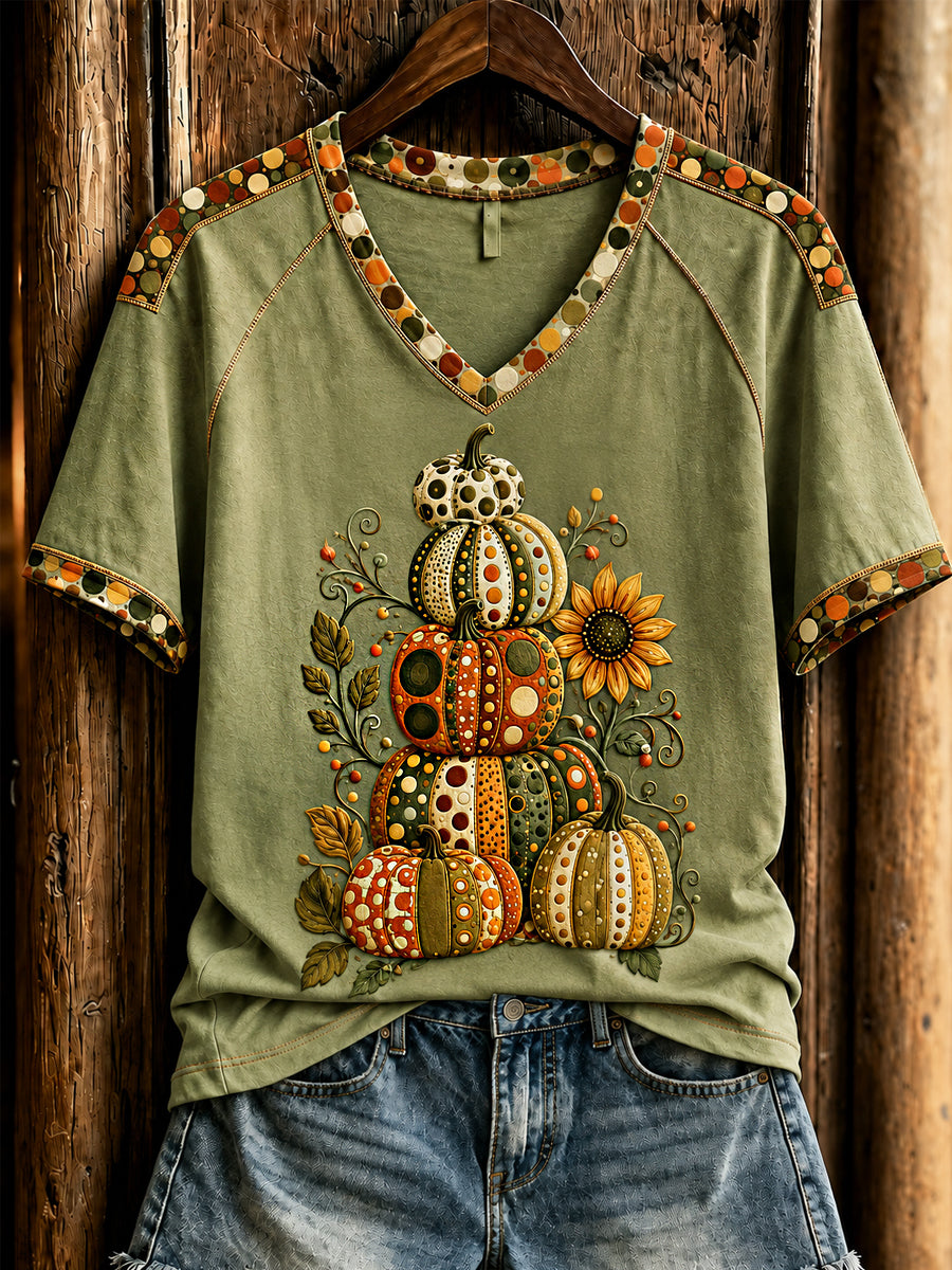 Halloween Pumpkin V-Neck Shirt Autumn Thanksgiving Apparel Thanksgiving Gift