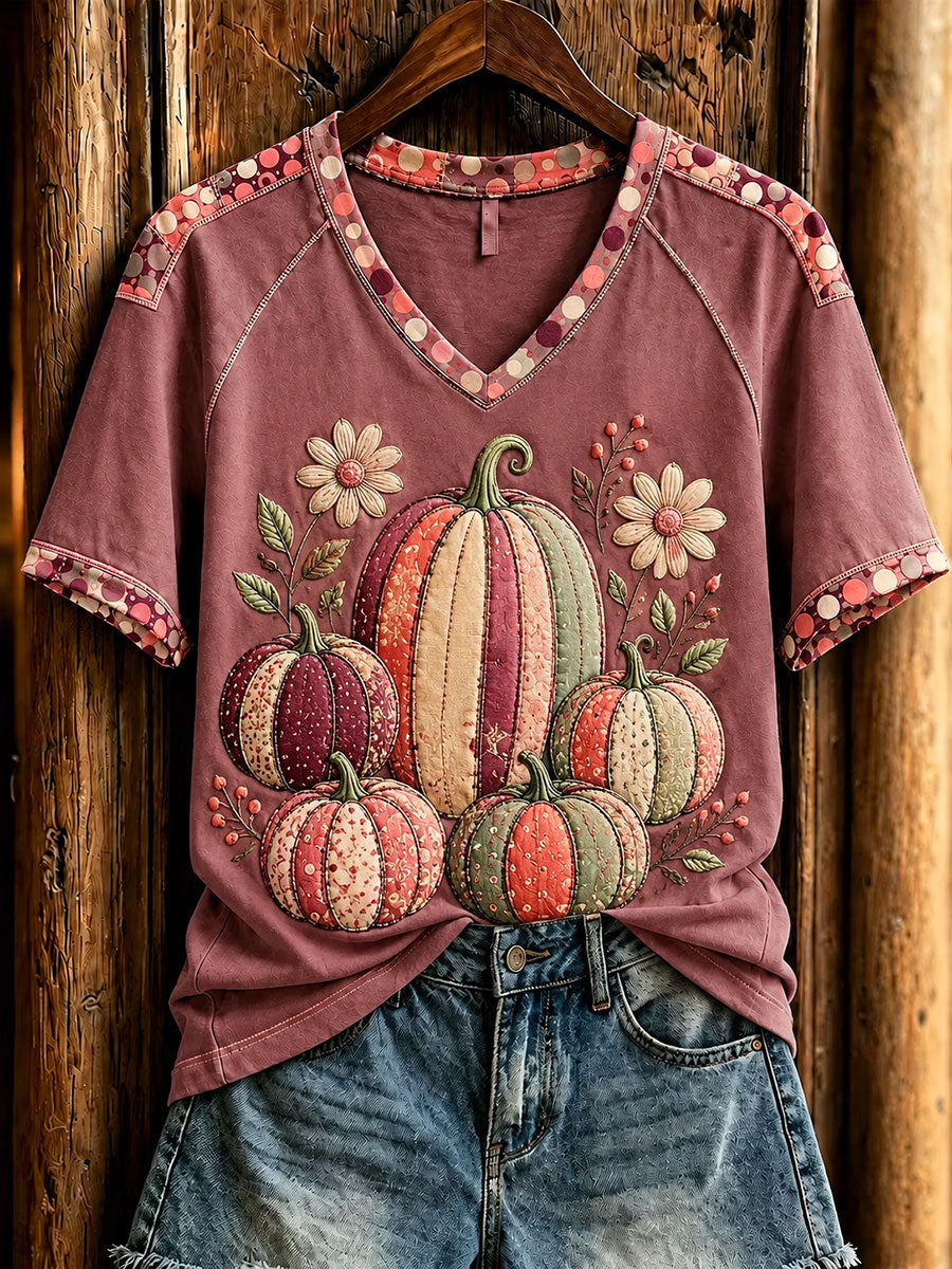 Halloween Pumpkin V-Neck Shirt Autumn Thanksgiving Apparel Gift Idea