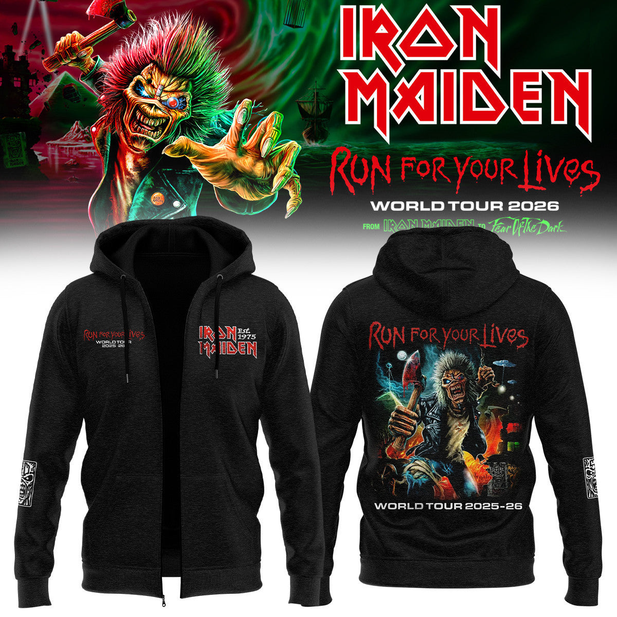 Iron Maiden Merch Run For Your Lives World Tour Zip Hoodie Best Gift For Music Buffs - Foxy23shop