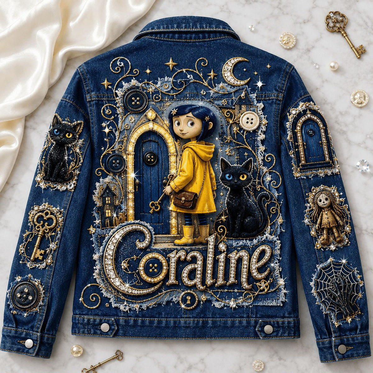 Coraline Black Cat Buttons Denim Jacket Coraline Merch Gift For Fan - Foxy23shop