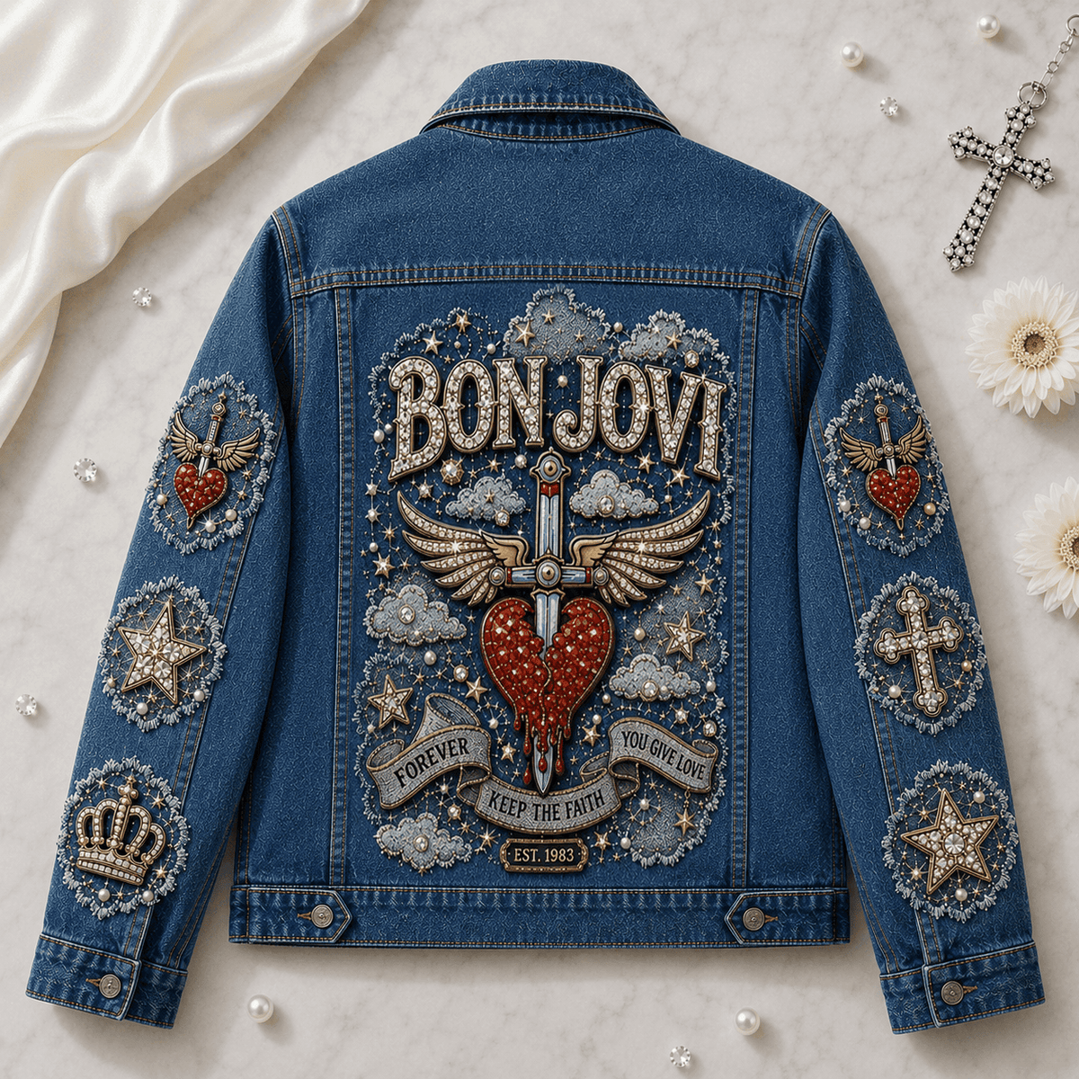 Bon Jovi Keep The Faith Dagger Heart Wing Denim Jacket Bon Jovi Merch Gifts For Men - Foxy23shop