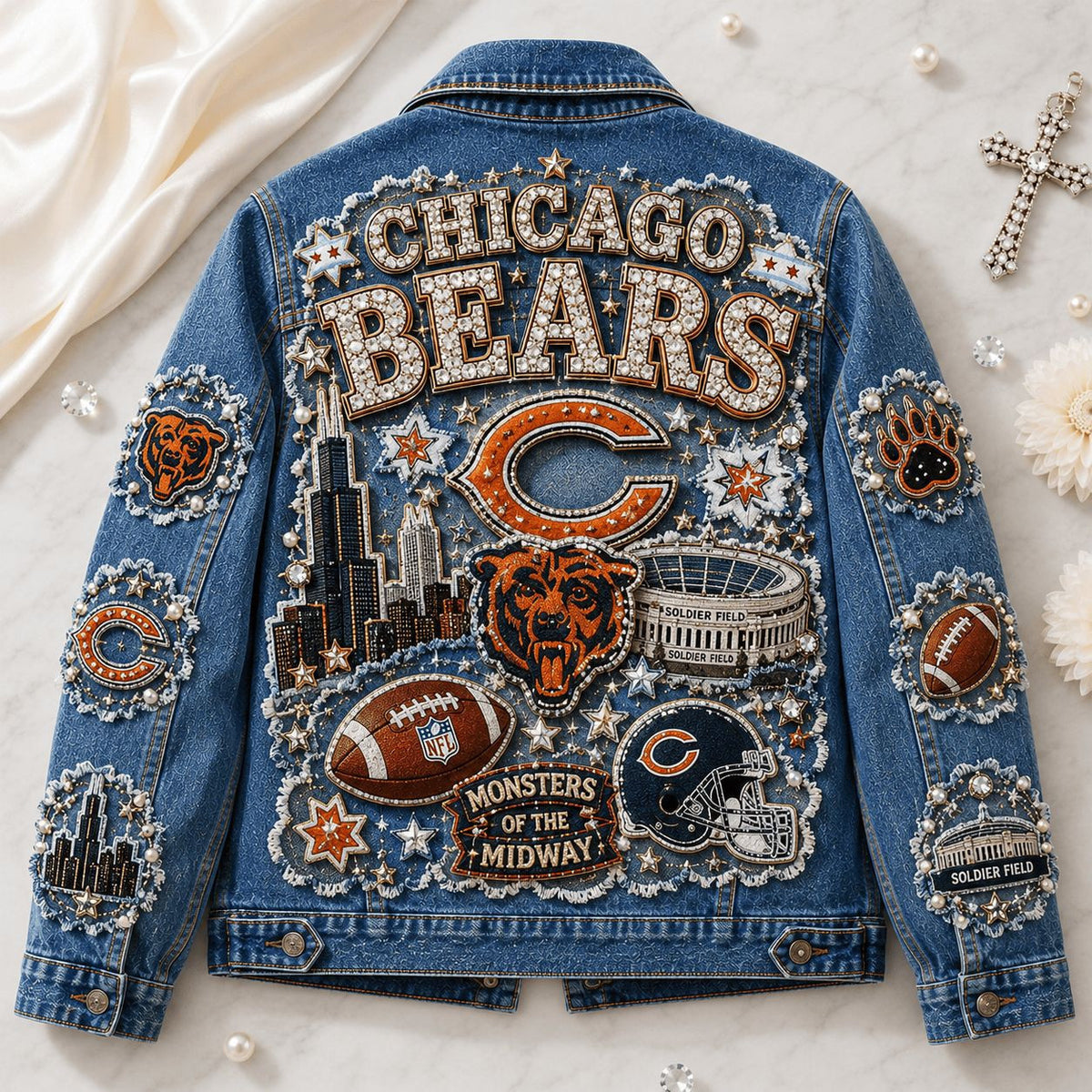 Chicago Bears Monsters Of The Midway Denim Jacket Chicago Bears Merch Gift For My Fan - Foxy23shop