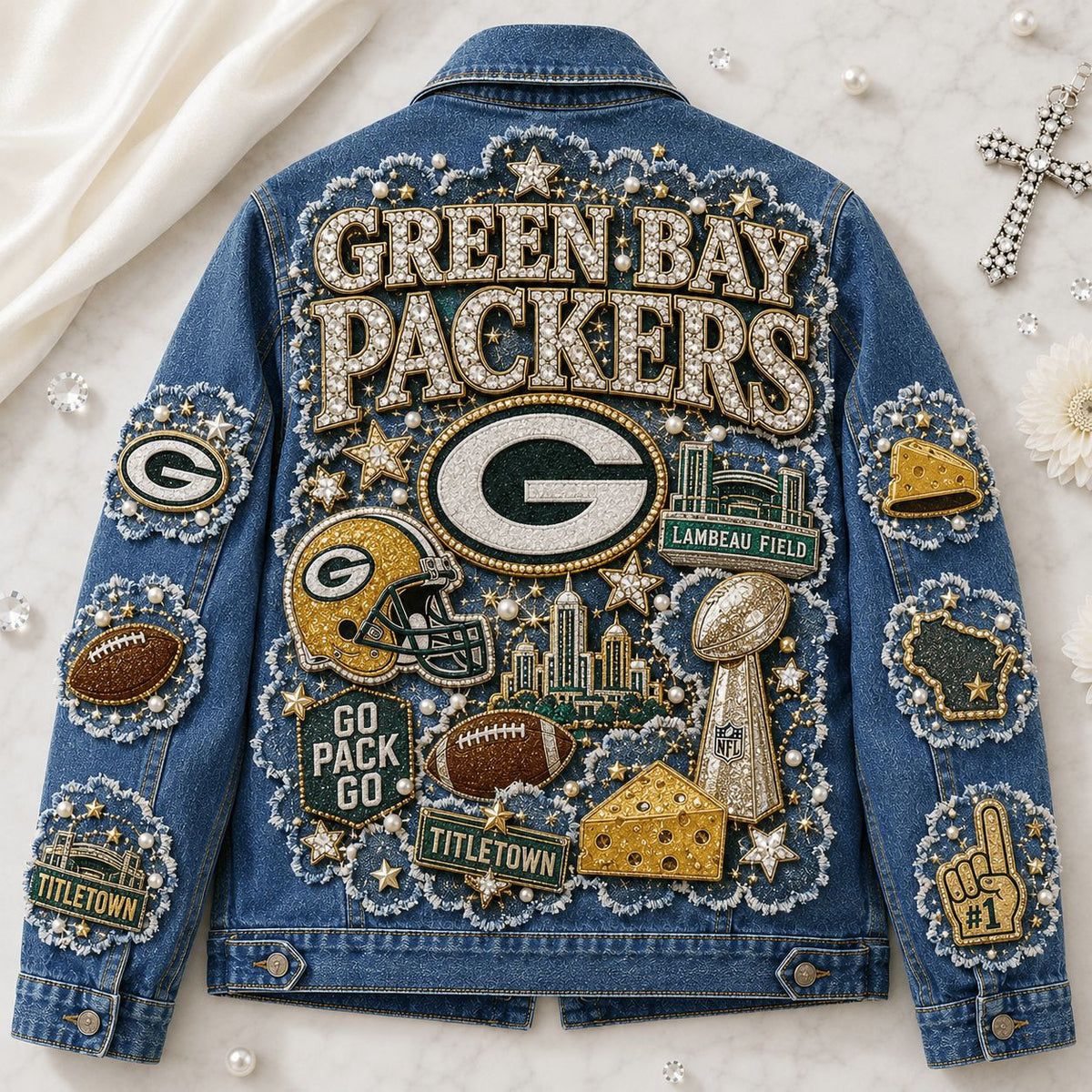 Green Bay Packers Lambeau Field Denim Jacket Green Bay Packers Merch Good Gifts For Boyfriend - Foxy23shop