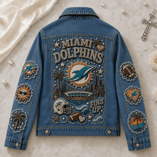 Miami Dolphins Fins Up Denim Jacket Miami Dolphins Merch Gift For Sports Lover - Foxy23shop