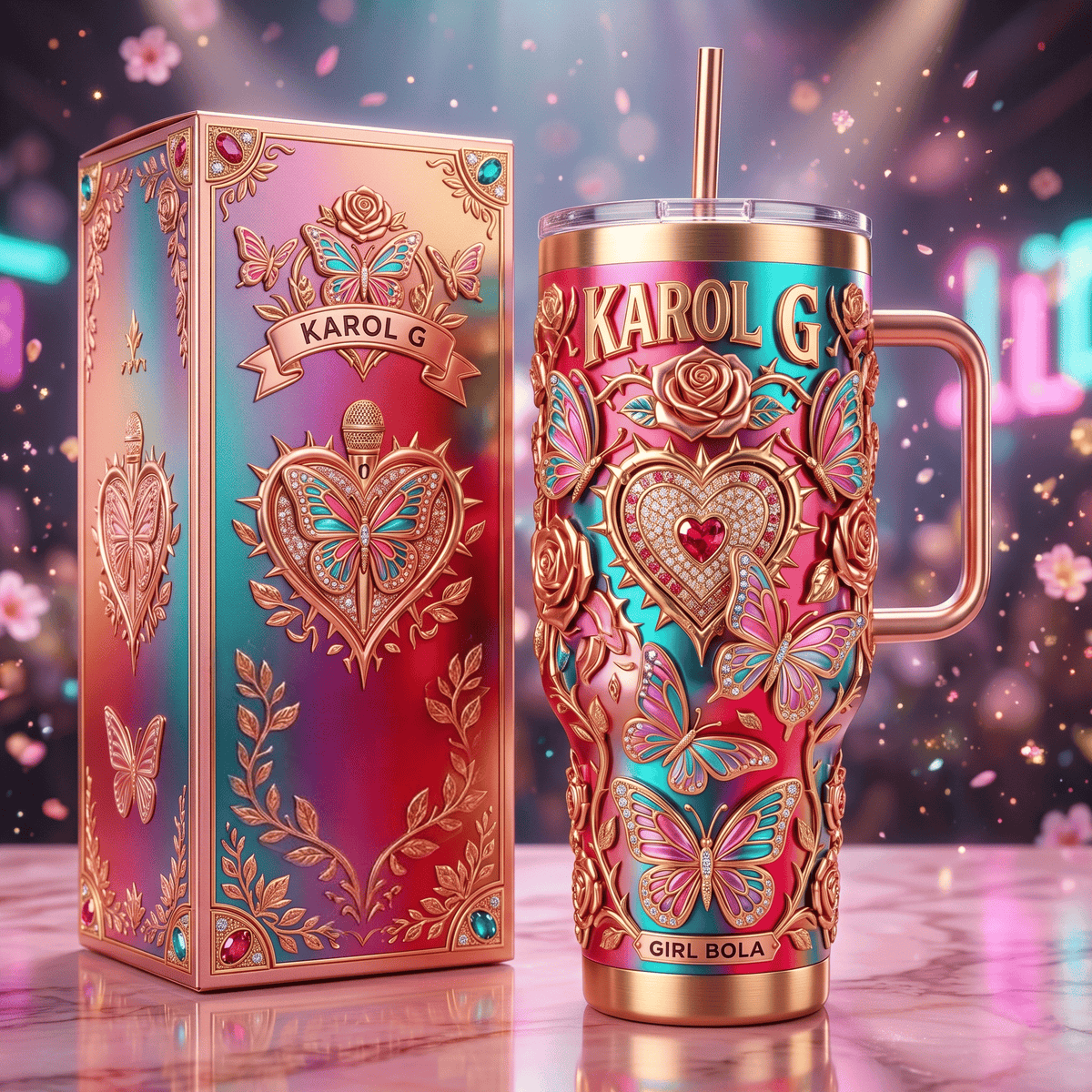 Karol G Merch Girl Bola Butterfly Heart Handle Tumbler Gift For Reggaeton Latin Music Fans - Foxy23shop