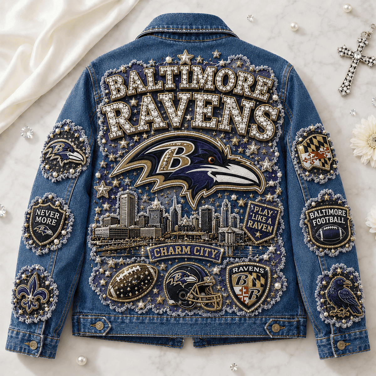 Baltimore Ravens Charm City Denim Jacket Baltimore Ravens Merch Gift For Passionate Fans - Foxy23shop