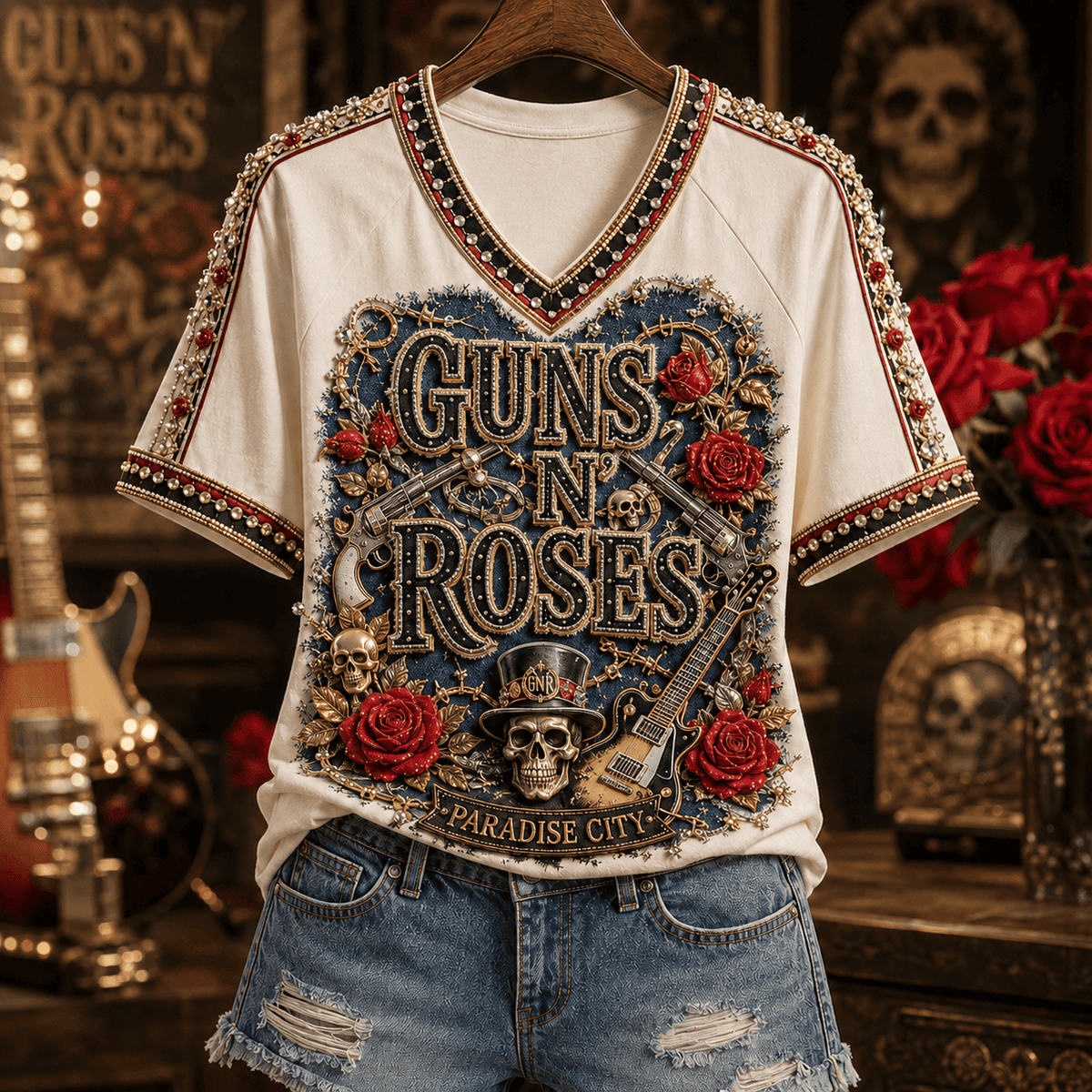 Guns N Roses Skull Vintage V-Neck Shirt Guns N Roses Merch Music Lover Gift - Foxy23shop