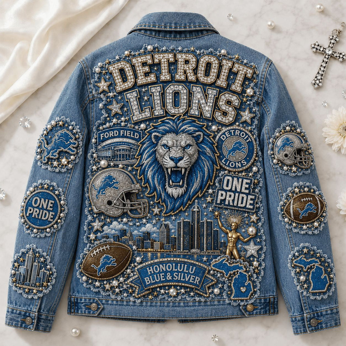 Detroit Lions Honolulu Blue And Silver Denim Jacket Detroit Lions Merch Gift For Young Fans - Foxy23shop