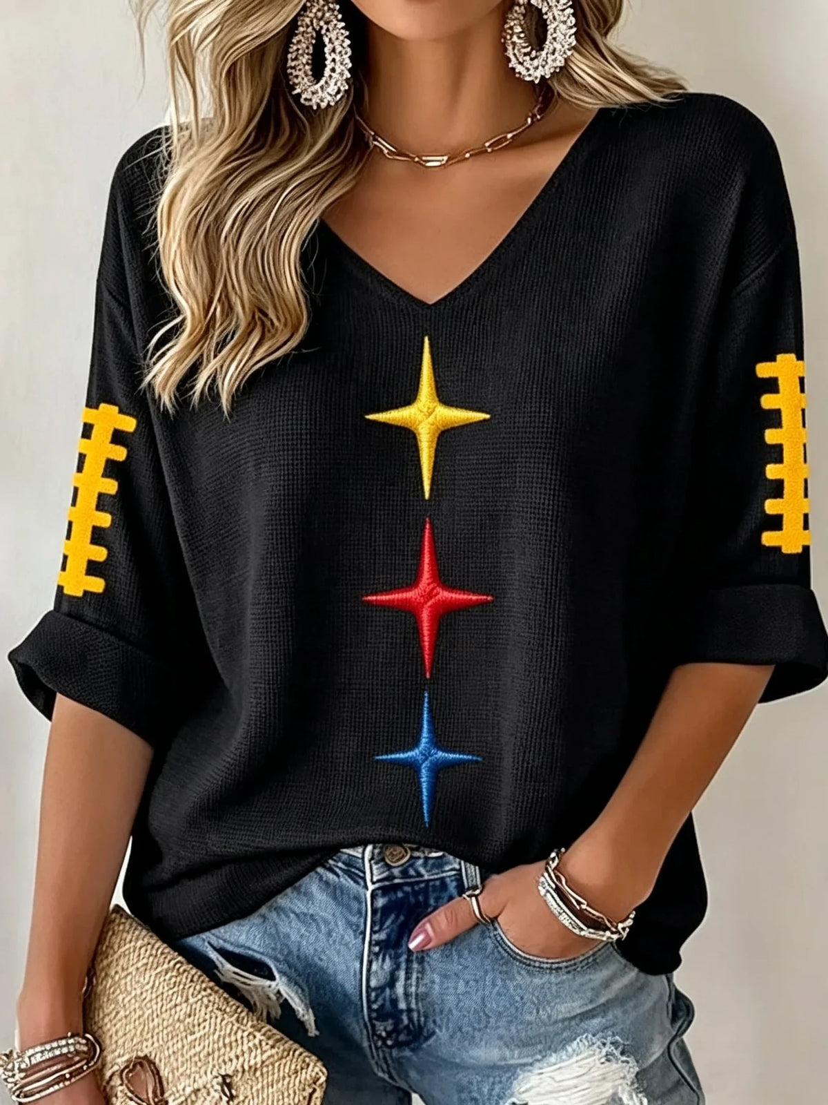 Pittsburgh Steelers Football Team V-Neck Long Sleeve Shirt Pittsburgh Steelers Clothing Best Fan Gears - Foxy23shop