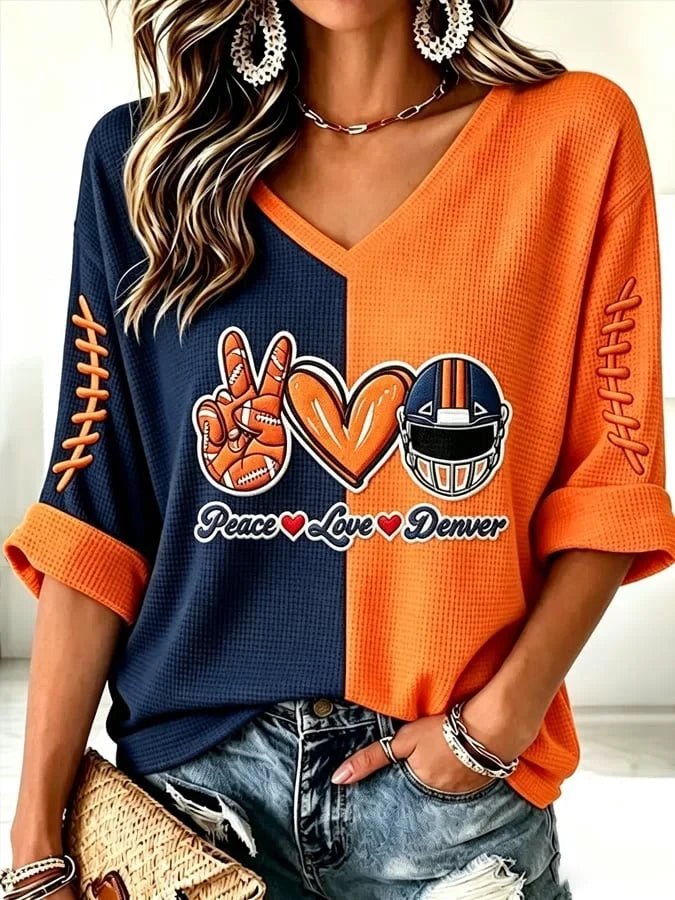 Denver Broncos Merch Peace Love Denver V-Neck Long Sleeve Shirt Gifts For Football Lovers - Foxy23shop
