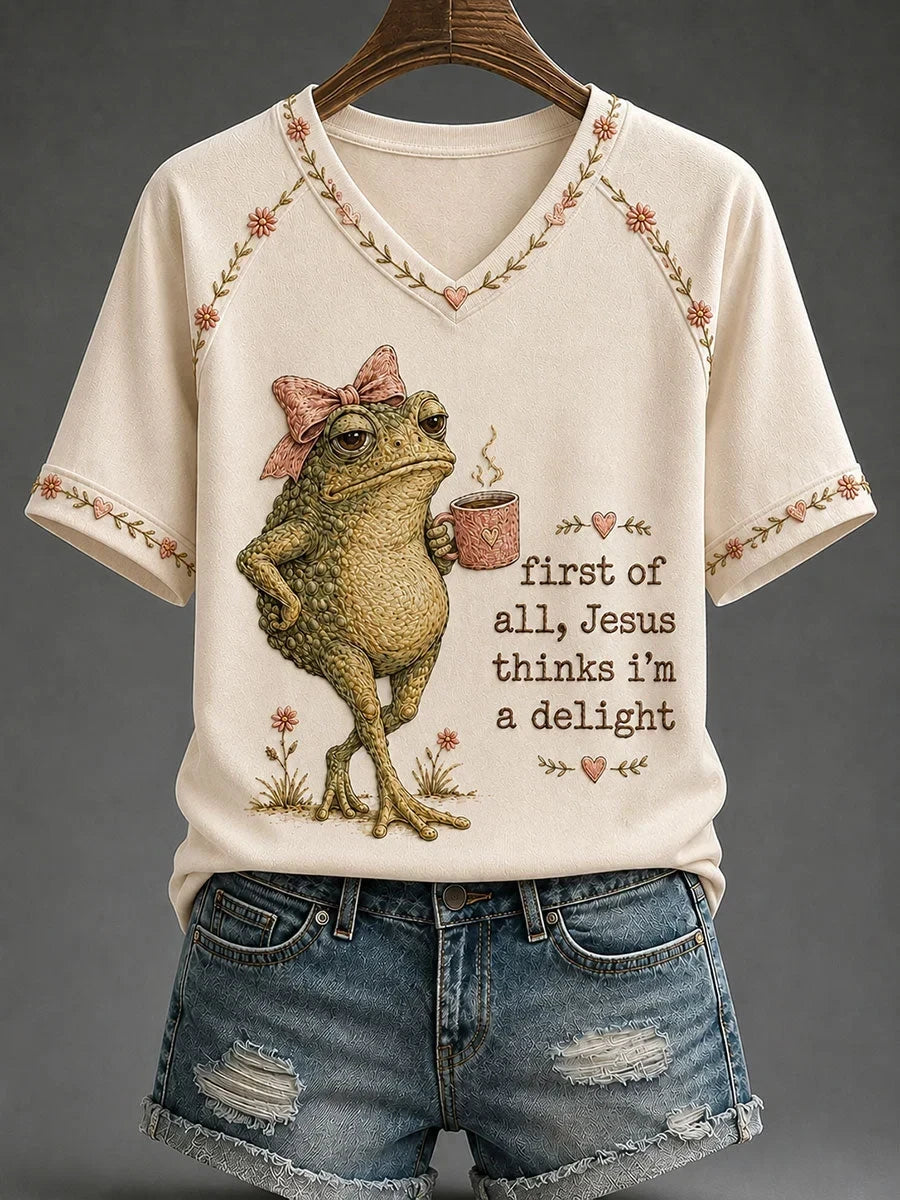 Frog Jesus Thinks Im A Delight V-Neck Shirt Faith Based Apparel Cool Present For Her - Foxy23shop