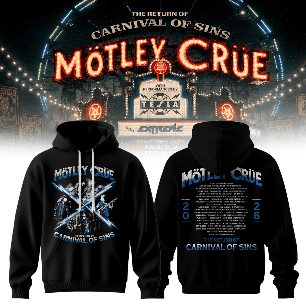 Motley Crue Merch Carnival Of Sins Tour 2026 Hoodie Best Motley Crue Music Outfits - Foxy23shop