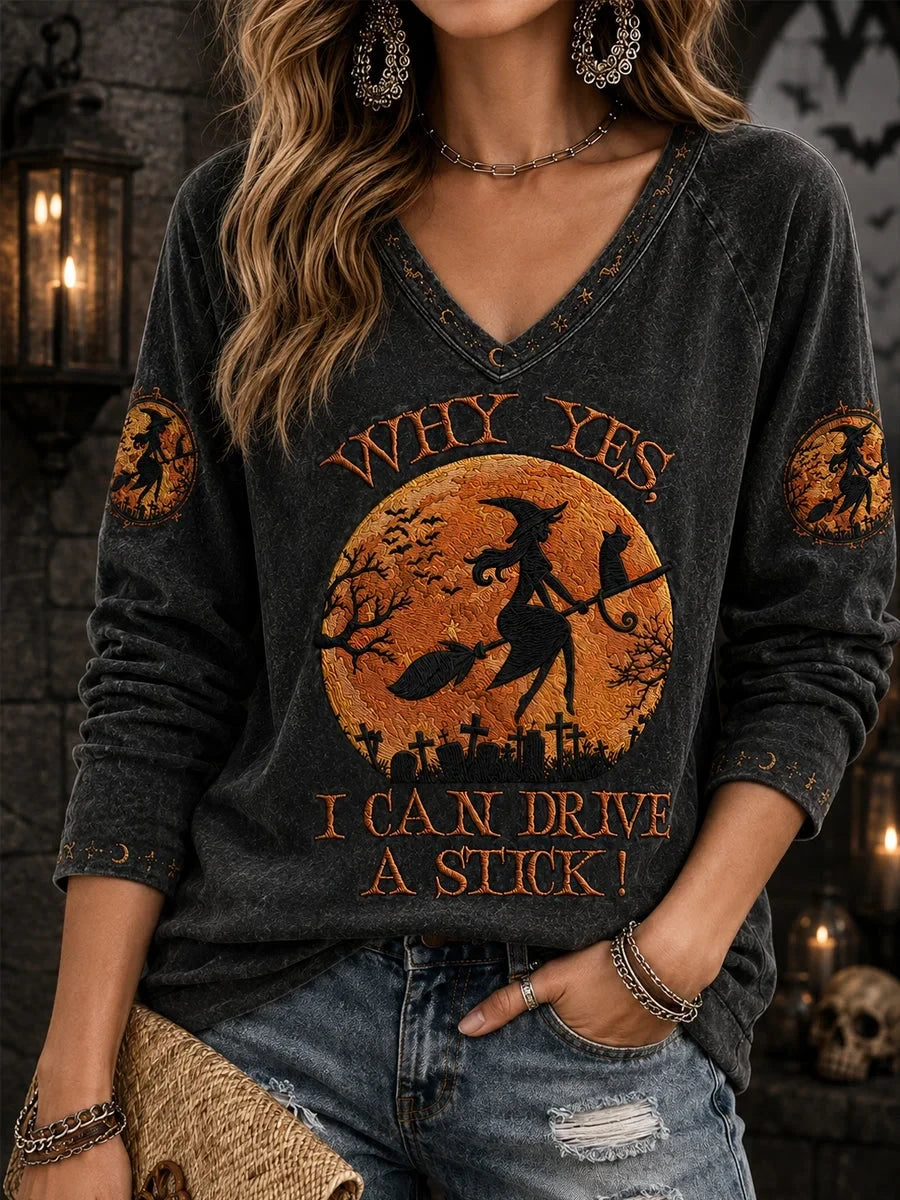 Witch Why Yes Actually I Can Drive A Stick V-Neck Long Sleeve Shirt Spooky Halloween Clothing - Foxy23shop
