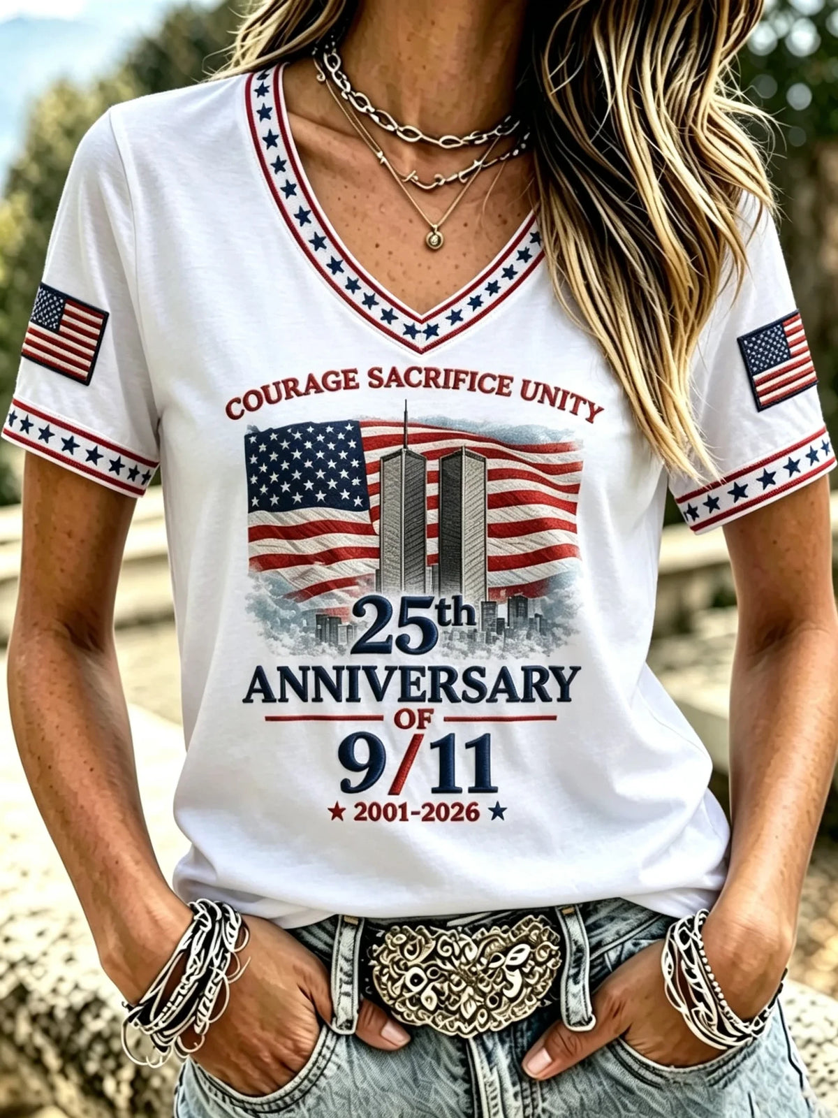 9 11 25Th Anniversary Never Forget V-Neck Shirt Patriotic Apparel Patriot Day Gift - Foxy23shop
