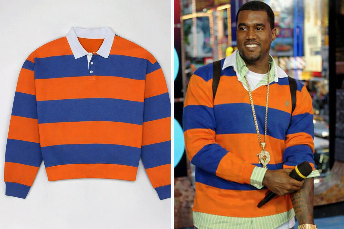 Kanye West Orange And Blue Polo Rugby Stripes Polo Long Sleeve Shirt Kanye West Streewear Apparel - Foxy23shop