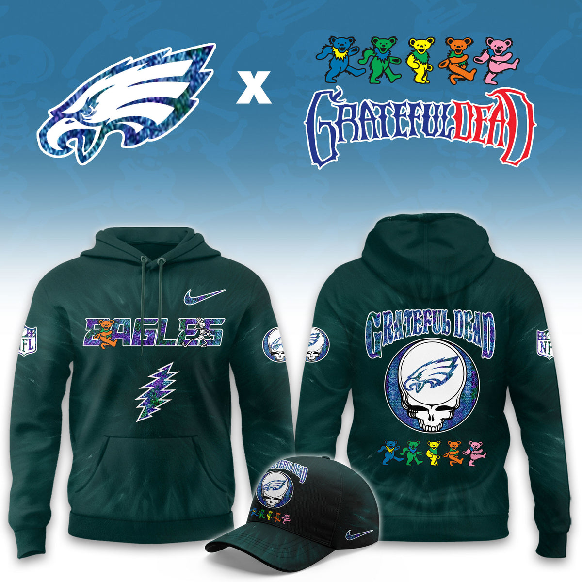Philadelphia Eagles x Grateful Dead Hoodie Philadelphia Eagles Merch Best Gifts For Rock Fans - Foxy23shop