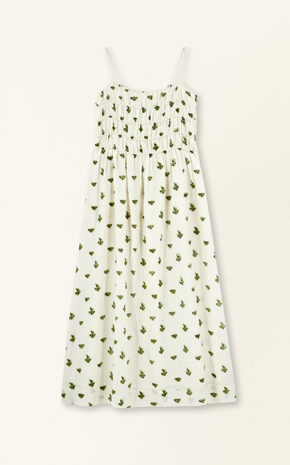 Brown cotton midi dress on a hanger in store