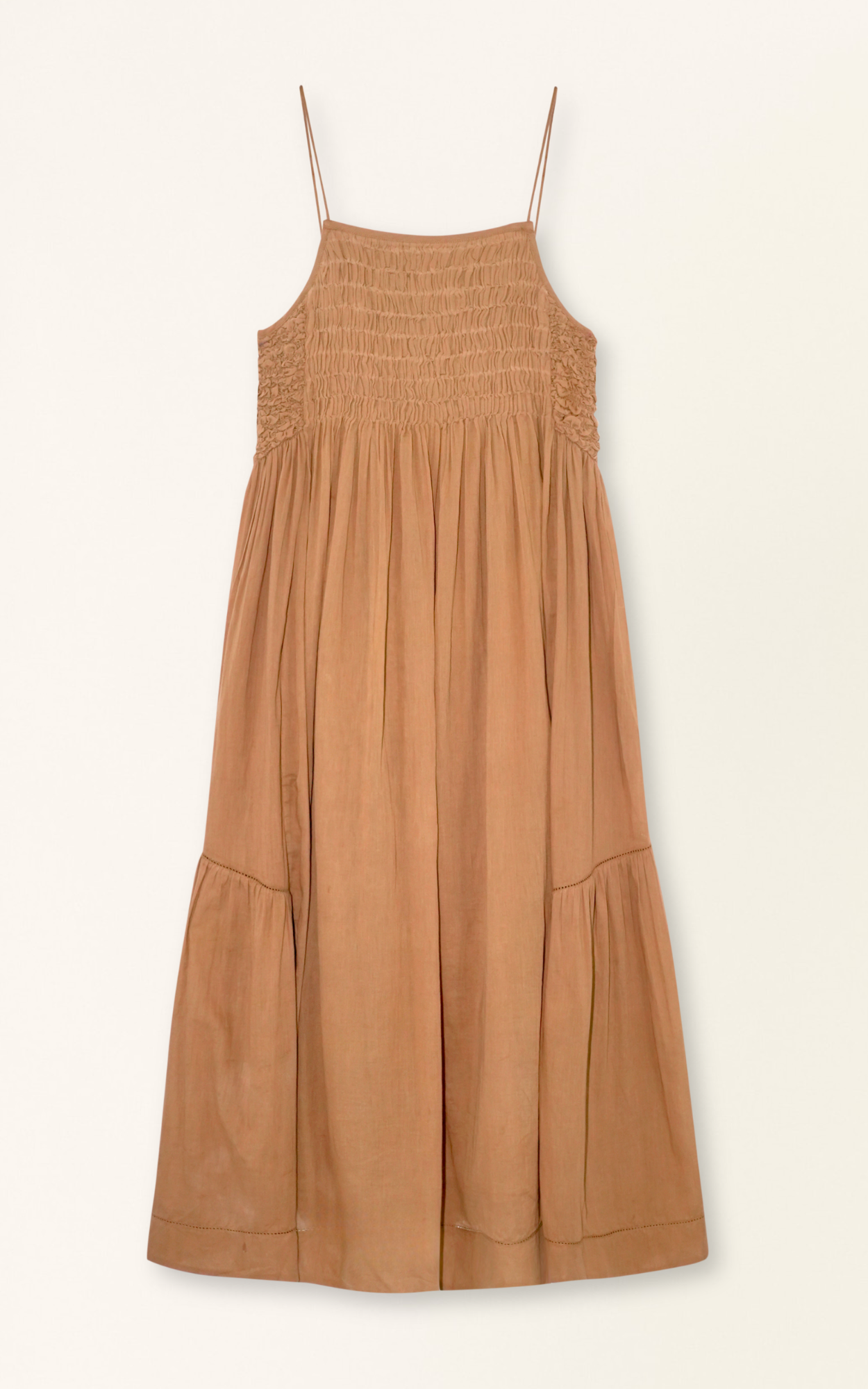 Brown cotton maxi dress on a hanger in store