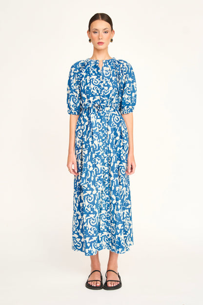 Indigo cotton maxi dress on a hanger in store