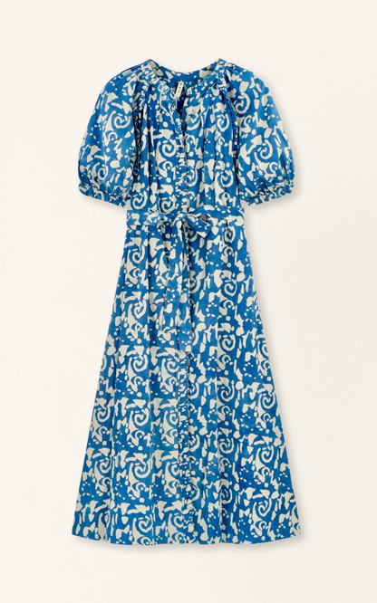 Indigo cotton maxi dress on a hanger in store