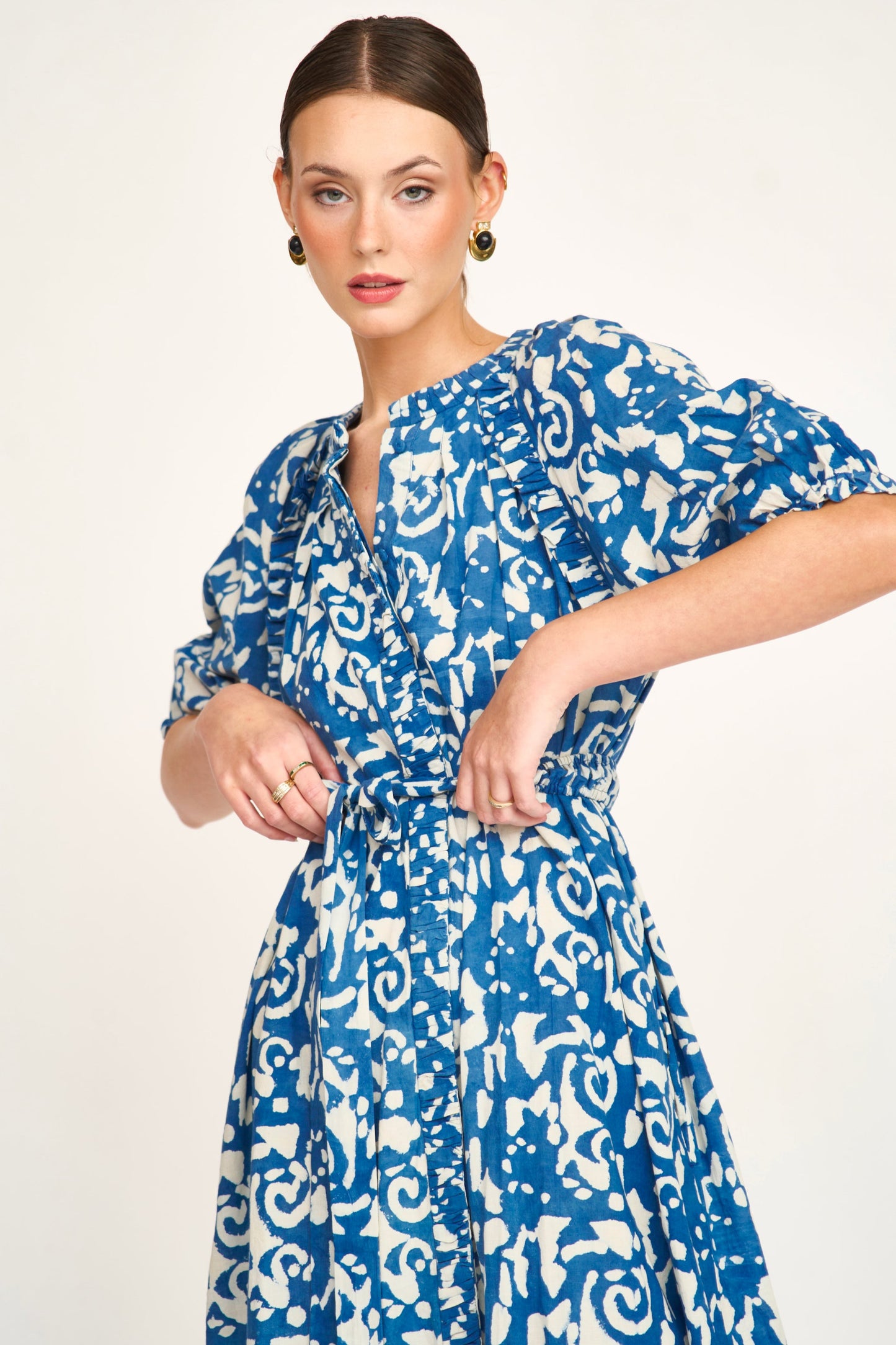 Indigo cotton maxi dress on a hanger in store