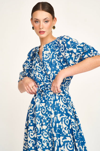 Indigo cotton maxi dress on a hanger in store