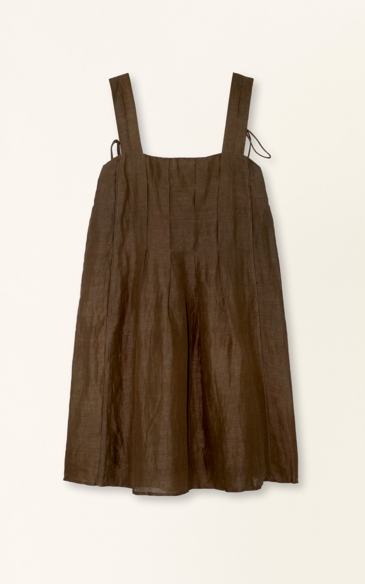 Brown linen short dress on a hanger in store