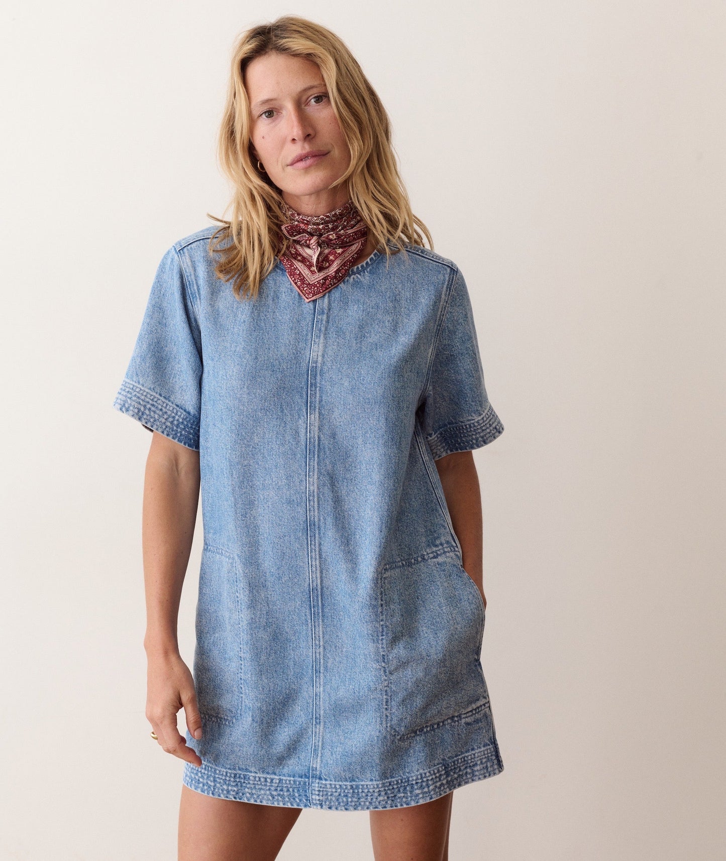 Blue shift dress on a hanger in store