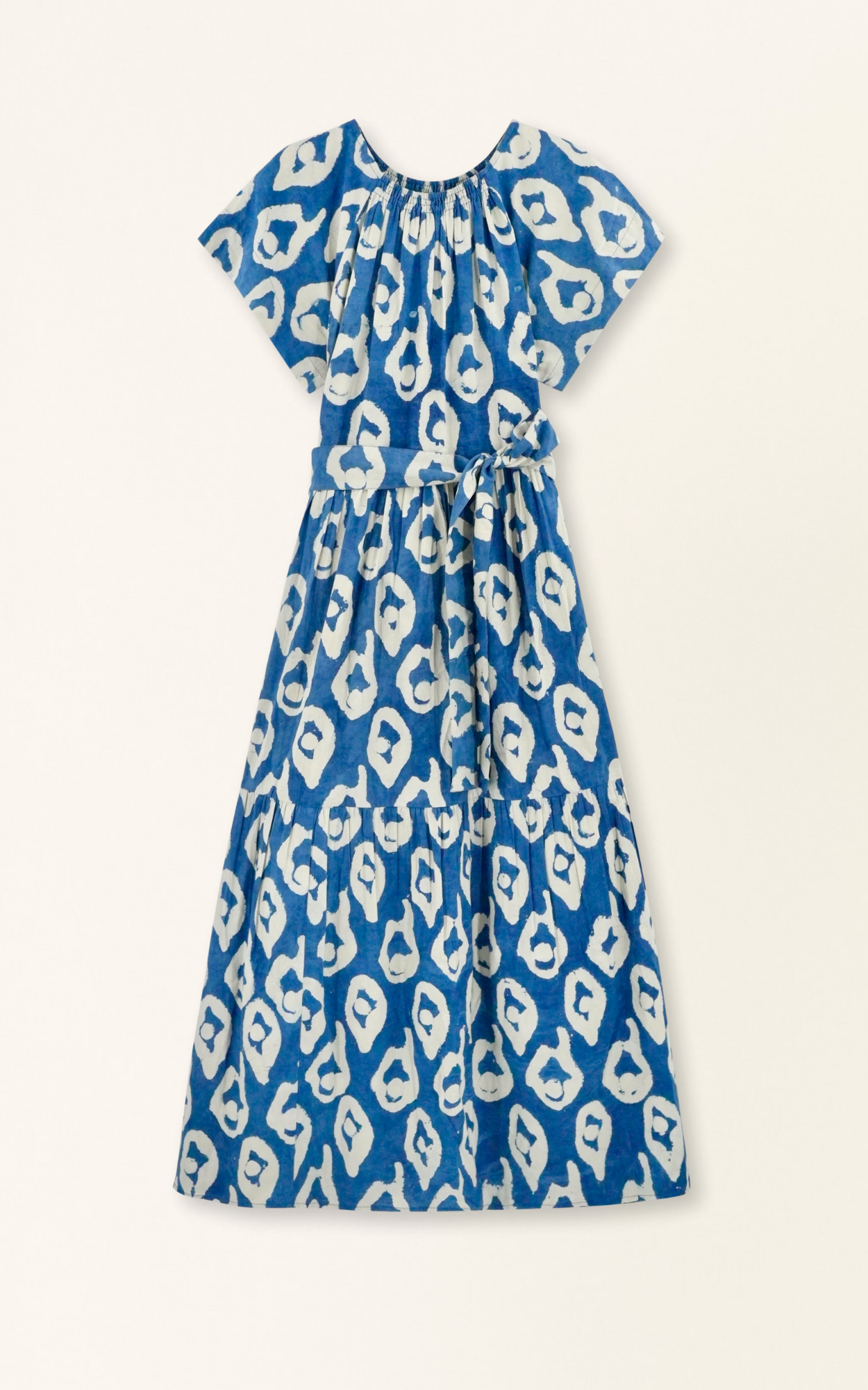 Indigo cotton maxi dress on a hanger in store