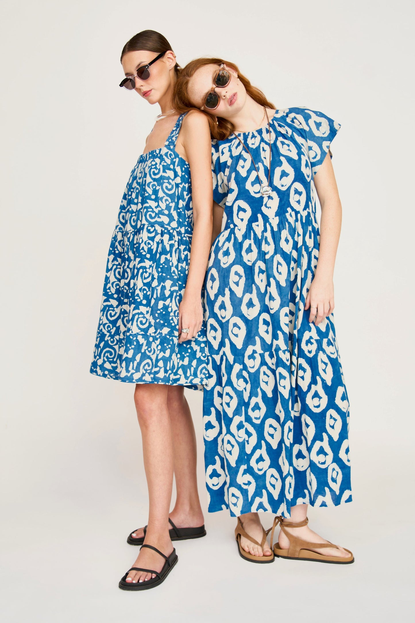 Indigo cotton maxi dress on a hanger in store